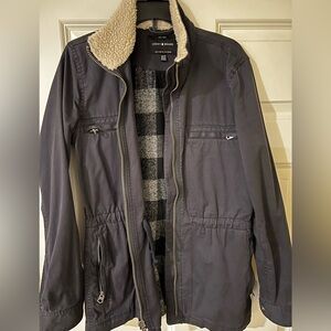 Lucky Brand Navy Blue and Gray Plaid Jacket with Sherpa Collar